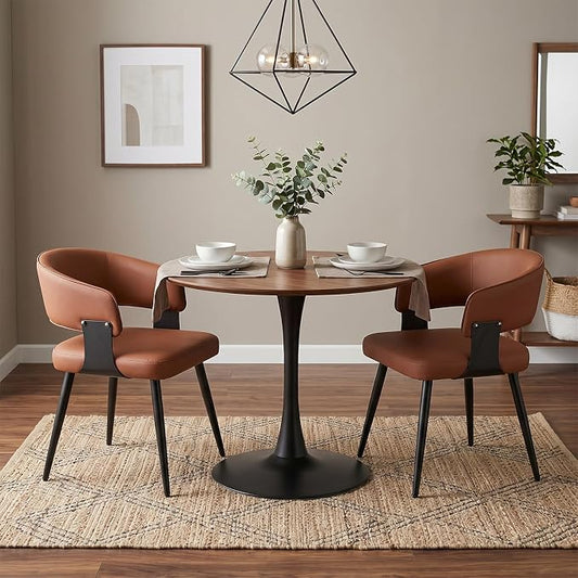 Dining Chairs Set of 2, Modern Upholstered Faux Leather Kitchen Chairs with Curved Back, Easy to Assemble & Clean for Dining Room, Restaurant, Cafe, Brown