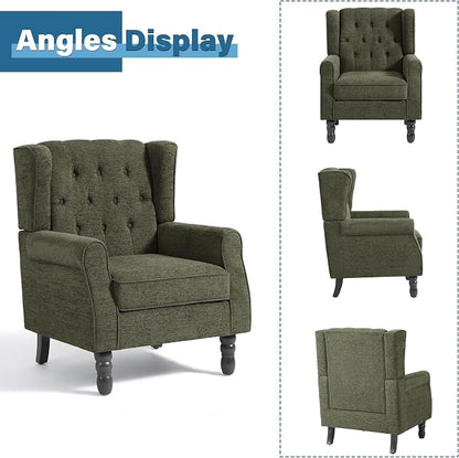 Wingback Accent Chair, Button-Tufted High Back Armchair for Living Room, Upholstered Wingback Chair with Solid Wood Legs, Comfy Single Sofa Reading Chair for Bedroom, Green