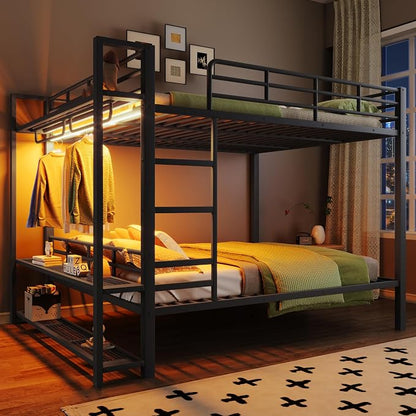 Bellemave Queen Over Queen Bunk beds, Metal Bunk Bed with Shelf and Guardrails,Queen Bunk beds with Storage Mesh Shelves and Clothes Hooks for Kids, Teens & Adults（Black）