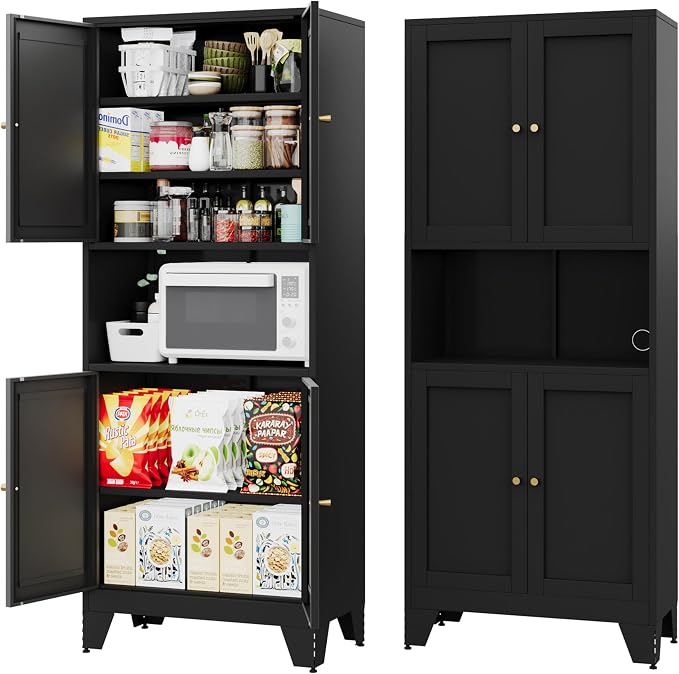 69" Tall Metal Pantry Cabinet with Microwave Stand,Microwave Storage Cabinet with 4 Doors & 3 Adjustable Shelves for Kitchen (4doors-Black, 13.78" D x 27.54" W x 68.9" H)