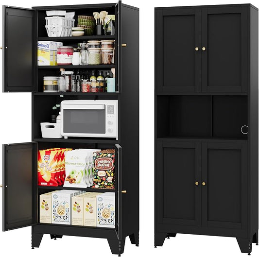69" Tall Metal Pantry Cabinet with Microwave Stand,Microwave Storage Cabinet with 4 Doors & 3 Adjustable Shelves for Kitchen (4doors-Black, 13.78" D x 27.54" W x 68.9" H)