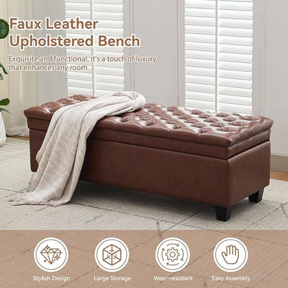 WUTUTUEE 50" Faux Leather Storage Ottoman Bench, Upholstered Rectangle End of Bed Storage Ottoman Tufted Living Room Bedroom Bench with Safety Hinge, Solid Wood Legs, Loads 500 lb(Brown)