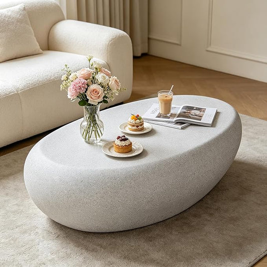 43.3" Faux Stone Oval Coffee Table, Modern Travertine Coffee Table, Small Accent Irregular Concrete Center Table, Contemporary End Side Table for Living Room Office Apartment, No Assembly