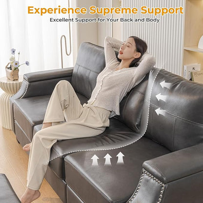 85'' Faux Leather Couch with Armrest Organizer,Sectional Sofa with Storage Movable Ottoman,Solid Wooden Frame,Thick Cushion,3 Seater L Shaped Couches for Living Room,Apartment,Home Furniture,Gray