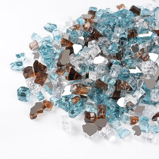 GASPRO 10 lbs Fire Glass for Propane Fire Pit, 1/2-Inch Reflective Fireplace Glass Rocks for Fire Pit Table, Light Blue Copper White