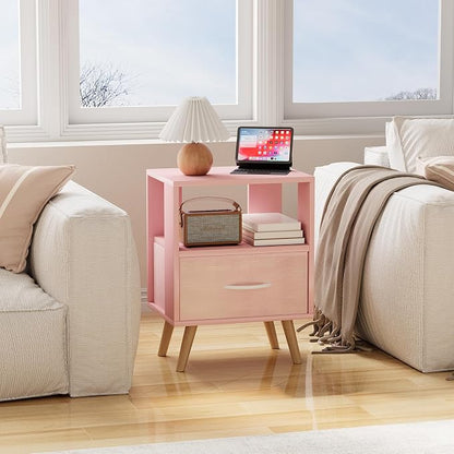 Huhote Kids Nightstand, 2-Tier Night Stand with Drawer, Modern Side Table for Bedroom, Study Room Small Spaces, Pink