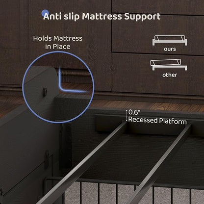 BRELTAM King Bed Frame with upholstered Headboard & Storage Drawers Metal Platform Bed Frames King Size with LED Lights Built in Charging Station,No Box Spring Needed,No Noise,Easy Assembly,Black