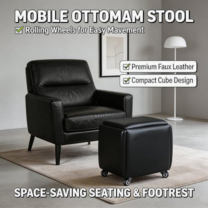 5 in 1 Nesting Ottoman Cube Chair, Stackable Stools, Leather Square Ottoman Bench, Foot Stool with Wheels for Living Room,Dining Room 15.75x15.75x16.54 inches