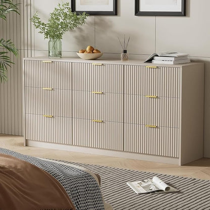 Furniway 9 Drawer Dresser for Bedroom, 63" Wide Dresser with Gold Handles, Modern Wood Chest of Drawers Storage Cabinet, Fluted Long Dresser for Bedroom, Living Room, Hallway, Beige