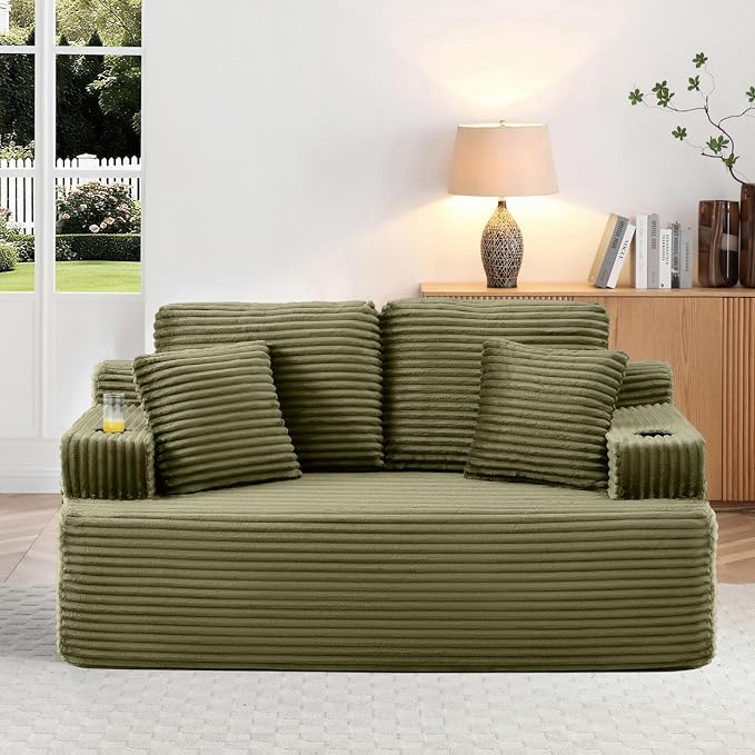 66.5'' Boneless Sofa Couch with Cup Holders & Side Pockets, Modern Corduroy Fabric Upholstered Loveseat Couch with 2 Throw Pillows for Living Room Office, No Assembly (Green)