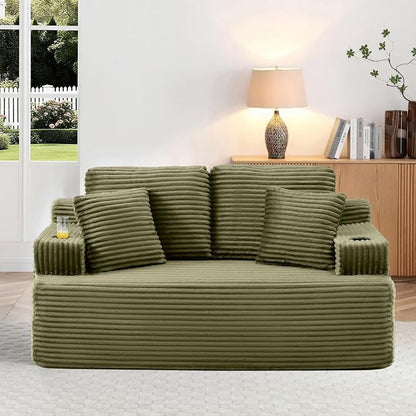 66.5'' Boneless Sofa Couch with Cup Holders & Side Pockets, Modern Corduroy Fabric Upholstered Loveseat Couch with 2 Throw Pillows for Living Room Office, No Assembly (Green)