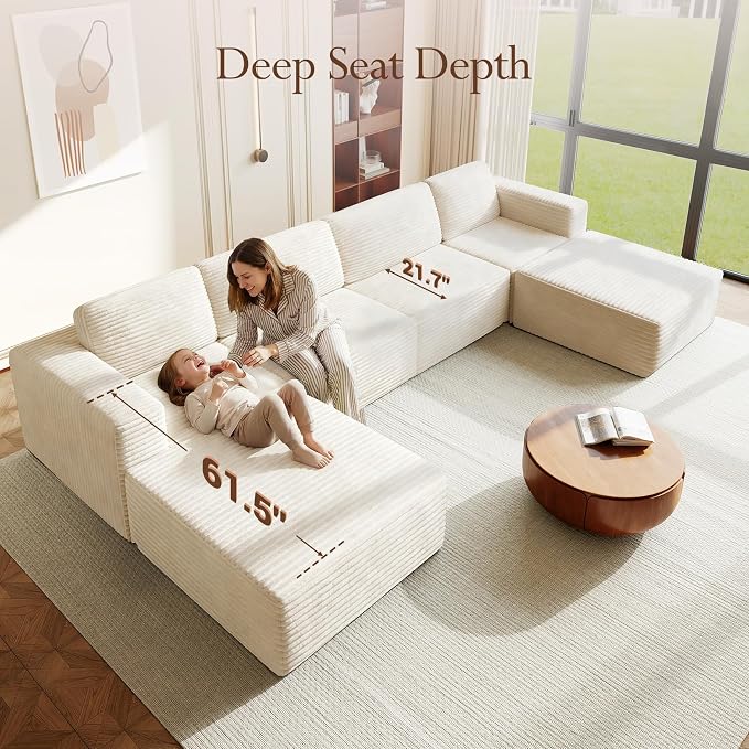 Vesgantti 159" Large Modular Sectional Sofa, U-Shaped Corduroy Cloud Couch with Deep Seats & Spring Support, 4-Seater Boneless Sofa with 2 Movable Ottomans, No Assembly Needed, Beige