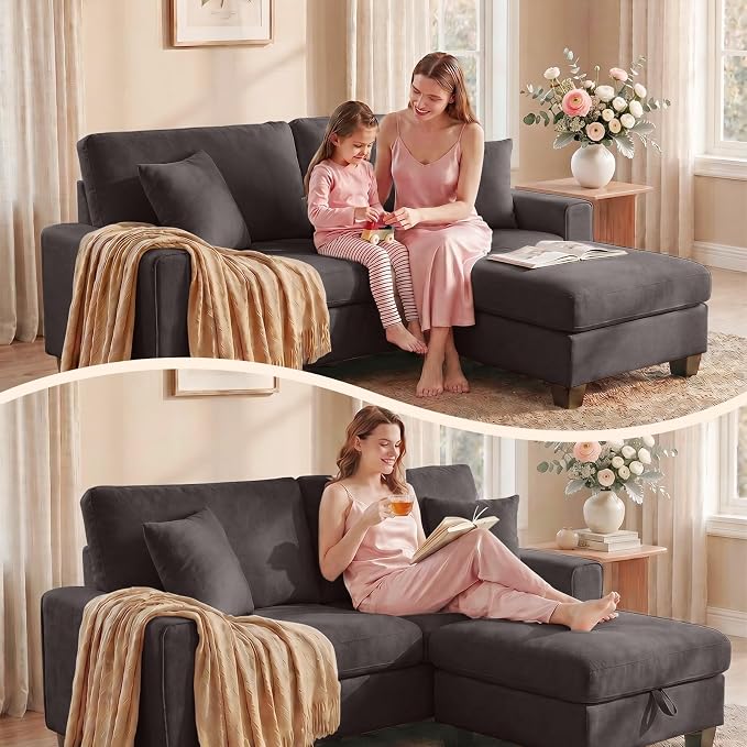 DOPEDIO L-Shaped Sectional Sofa with Storage Ottoman, Modern Chenille Recliner Loveseat, Removable Couch Covers, Pocket Spring Cushions, Solid Wood Frame, Easy to Install (88.58inch, Dark Grey)