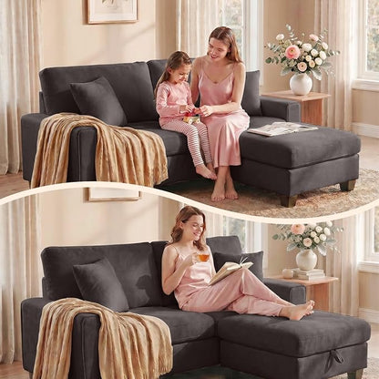 DOPEDIO L-Shaped Sectional Sofa with Storage Ottoman, Modern Chenille Recliner Loveseat, Removable Couch Covers, Pocket Spring Cushions, Solid Wood Frame, Easy to Install (71.25inch, Dark Grey)