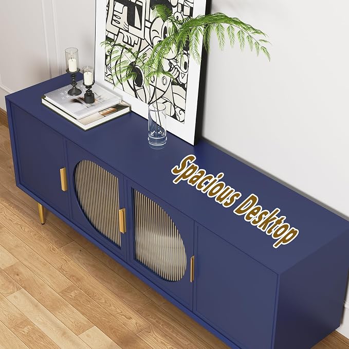 Blue TV Stand for TVs up to 75 Inch, 66" Modern Entertainment Center with Glass Door Storage, TV Cabinet Media Console for Living Room, Bedroom, Under TV Cabinet