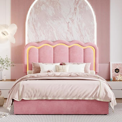 SHA CERLIN Upholstered Full Size Bed Frame with LED Lights and Large Storage Drawer, Velvet Platform Bed with Adjustable Wavy Headboard, Noise Free, Easy Assembly, No Box Spring Needed, Soft Pink