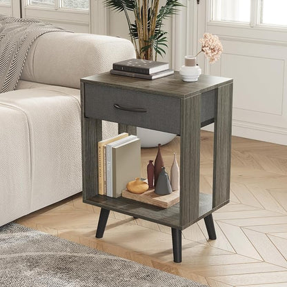 GYIIYUO 24" H Nightstands Set of 2 with Fabric Drawer, Gray | Open Wood Shelf, Side Table with Storage for Bedroom, Spacious 15.7"L x 11.8"W x 24"H Top Fits Lamp + Books, Stable Frame