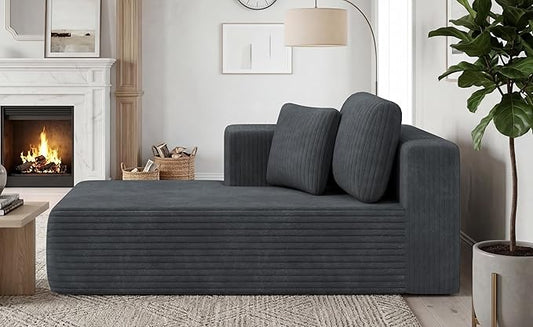 KINGYES Boneless Chaise Lounge Chair for Modular Sectional Sofa, L Shape Corduroy Upholstered Chaise Lounge for Living Room, Gray