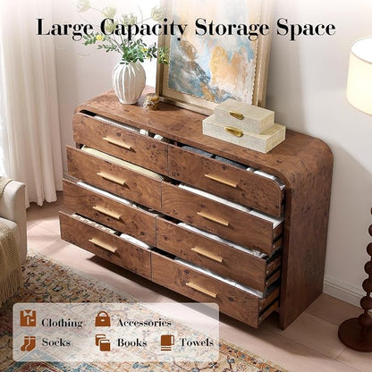 Curved 8 Drawer Dresser for Bedroom, 53.82'' Wide Chest of Drawers, Modern Storage Cabinet for Hallway & Living Room TV Stand, FSC Certified 1.18" Thick Board, 100 lbs Top Weight, Dark Burl