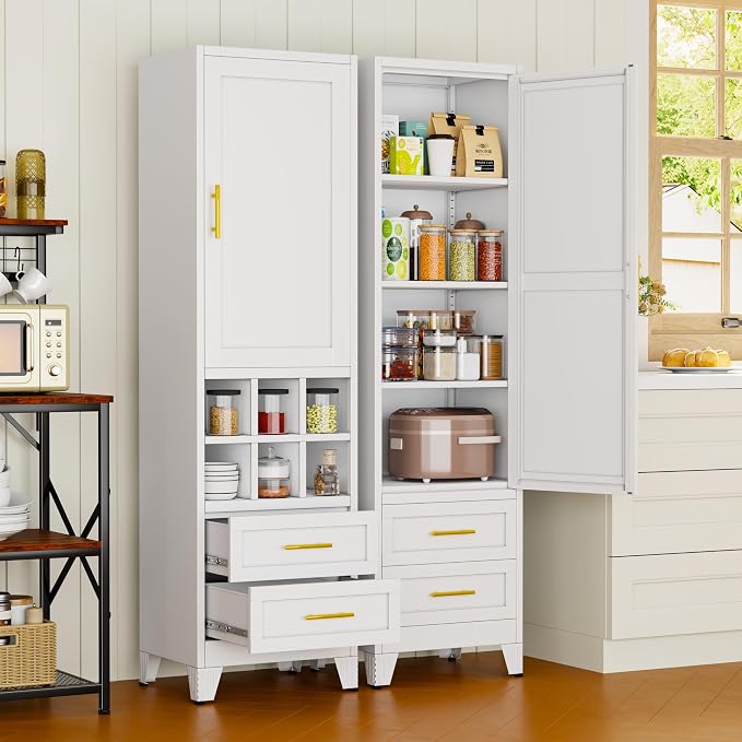 Tall Metal Narrow Storage Cabinet 67" H with 2 Drawer, White Pantry Cabinets with 2 Adjustable Shelves and Door,Tall Bathroom Cabinet for Kitchen, Home Office, Living Room, Dining Room
