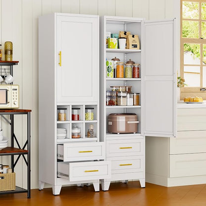 Tall Metal Narrow Storage Cabinet 67" H with 2 Drawer, White Pantry Cabinets with 2 Adjustable Shelves and Door,Tall Bathroom Cabinet for Kitchen, Home Office, Living Room, Dining Room