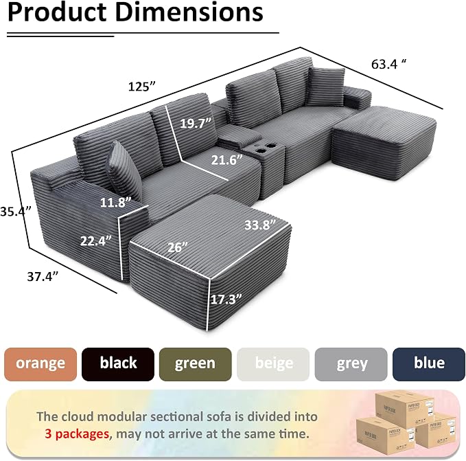 ivoros 125 Inch Modular Sectional Sofa Couch, Oversized Modern Cloud Couch for Living Room, U Shape Couches with 2 Ottomans, USB Ports and Cup Holders, Grey Corduroy Boneless Sofas, Sofa in a Box