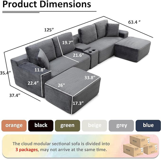 ivoros 125 Inch Modular Sectional Sofa Couch, Oversized Modern Cloud Couch for Living Room, U Shape Couches with 2 Ottomans, USB Ports and Cup Holders, Grey Corduroy Boneless Sofas, Sofa in a Box