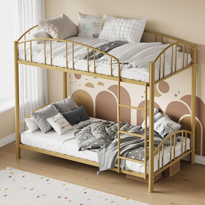 GarveeHome Metal Bunk Bed Twin Over Twin, Heavy Duty Bunkbeds Frame with Arched Guardrail and Safety Ladder, Sturdy Steel Bed for Kids Boys Girls, Space-Saving, No Box Spring Needed, Gold