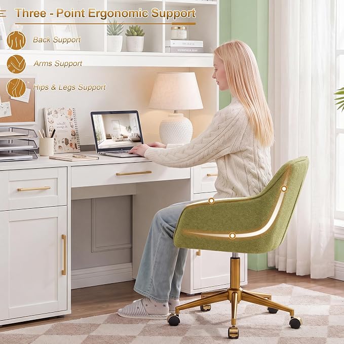 Zesthouse Vanity Chair with Wheels for Girl Women, Swivel Office Desk Chair | Green Chenille Rolling Office Chair with Arms & Gold Base, Upholstered Fabric Desk Chair for Bedroom, Height Adjustable Chair