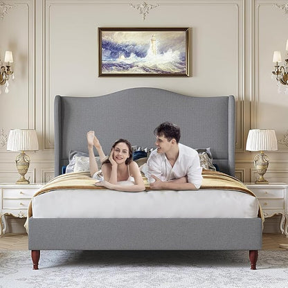 koorlian King Size Bed Frame Upholstered Platform Bed with 51" Tall Headboard Wingback, Soft Fabric, Retro Simple Style Platform Bed No Box Spring Needed, Easy Assembly, Grey