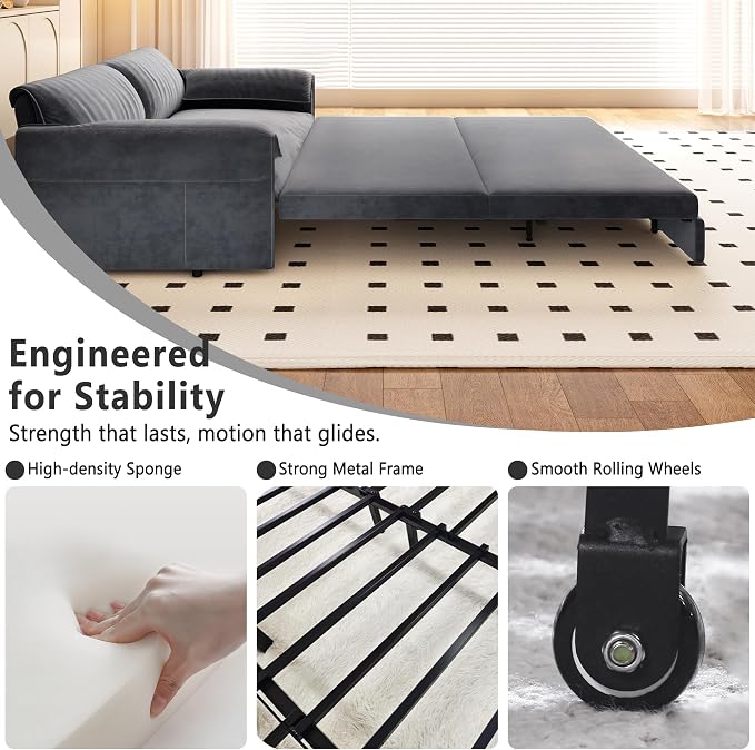 66" Sofa Bed Queen Size, Pull Out Couch Bed, 3-in-1 Convertible Sleeper Sofa with Side Pocket, Modern Velvet Futon Couch for Living Room, Small Space, Apartment, Bedroom, Grey