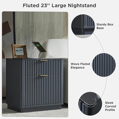 T4TREAM 23'' Fluted Nightstand Set of 2 with Charging Station, Large 2 Drawer Side Table, Modern End Table with Storage, Mid Century Bedside Table for Bedroom, Living Room, Curved Profile, Dark Grey