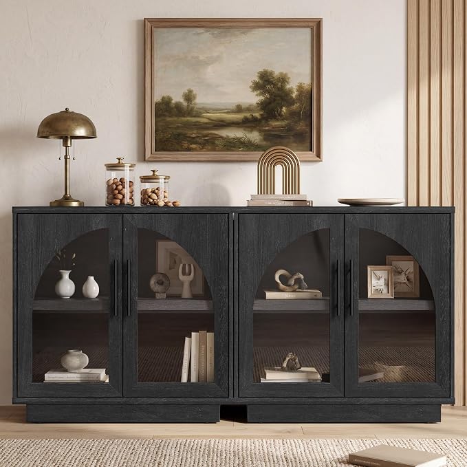 Fatmok Arched Glass Sideboard Buffet Accent Cabinet, 31.5" Display Credenza with Adjustable Shelf,2-Piece Modular Coffee Station Storage for Kitchen Living Room Bedroom, Black Grey
