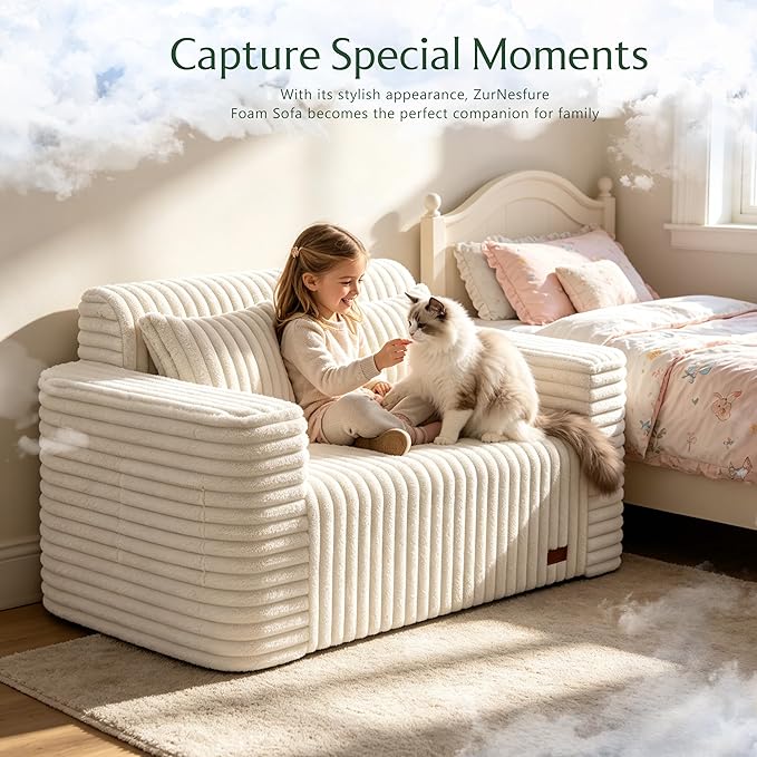 ZurNesfure Sofa Couch Cloud Loveseat, Memory Foam Couch with Pillow No Assembly Need, Modern Couch with deep seat and Washable Cover Boneless Sofas for Living Room Bedroom Apartment (White,Loveseat)