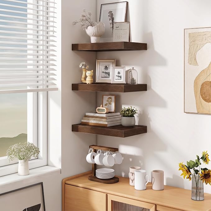 Fun Memories Wood Floating Shelves 16 Inch, 10 Inch Deep Shelves Wall Mount, Wall Shelves with Invisible Bracket, 16" Floating Shelves for Living Room Bathroom Bedroom, Walnut, Set of 2