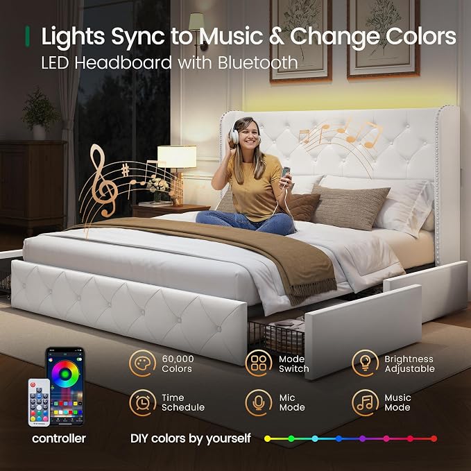 LARMACE Queen Size Bed Frame with LED Lights and 4 Storage Drawers Velvet Upholstered Platform Bed Frame with 47.2" Tall Tufted Headboard Wingback, No Box Spring Needed, Easy to Assemble, White