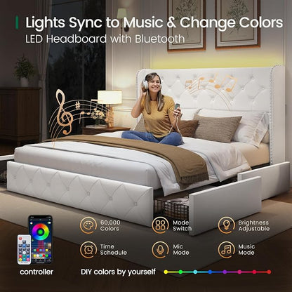 LARMACE Queen Size Bed Frame with LED Lights and 4 Storage Drawers Velvet Upholstered Platform Bed Frame with 47.2" Tall Tufted Headboard Wingback, No Box Spring Needed, Easy to Assemble, White