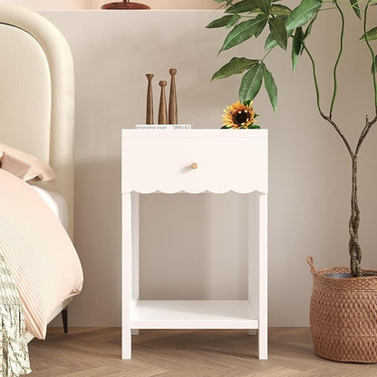 Night Stand Nightstand with Drawer and Open Shelf, Cute Scalloped Edge Bedside Table for Girls Bedroom, Modern Wood End Table, Coquette Preppy Room Decor for Bedroom, Dorm