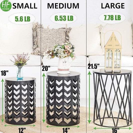 Nesting Round Metal Indoor Coffee End Tables, Set of 3 Modern Farmhouse Nightstands Decor Sofa Side Tables Plant Stand for Living Room Balcony Home Garden Stool Patio Outdoor- Black