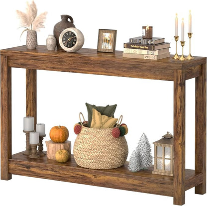 Besiost 47" Farmhouse Wood Entryway Table Narrow Console Table with Storage Behind Couch Sofa Table with Shelves Entry Way Table with Open Storage, Easy Assembly, Rustic Brown