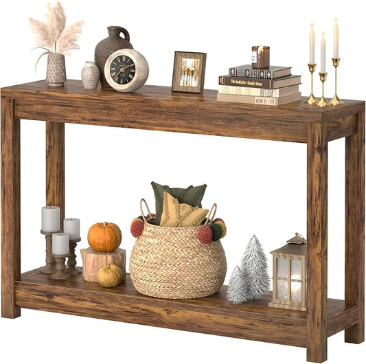 Besiost 47" Farmhouse Wood Entryway Table Narrow Console Table with Storage Behind Couch Sofa Table with Shelves Entry Way Table with Open Storage, Easy Assembly, Rustic Brown