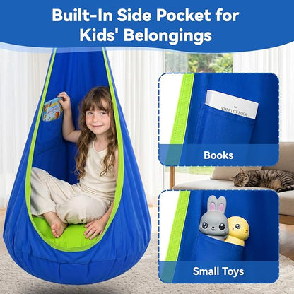 Y- STOP Pod Swing for Kids, Sensory Indoor Hanging Hammock Chair with Inflatable Pillow Sensory Cocoon Pod Swing Seat for Kids with Pocket for Indoor and Outdoor Blue and Green
