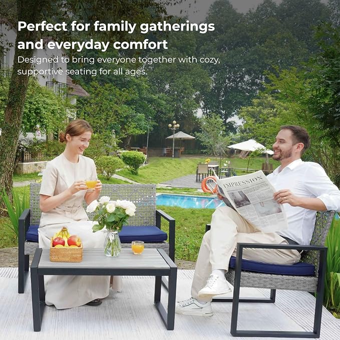 All-Weather 4 Piece Outdoor Rattan Patio Furniture Set (Light Gray) | Acacia Wood Table & Cushions