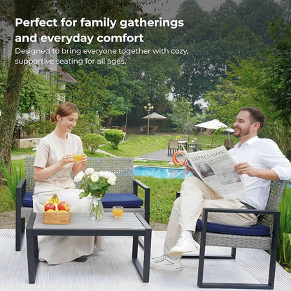 All-Weather 4 Piece Outdoor Rattan Patio Furniture Set (Light Gray) | Acacia Wood Table & Cushions
