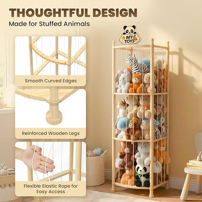 Stuffed Animal Storage Organizer, Wooden Toy Storage Organizer & Plush Storage Tower with Elastic Cords, Stuffed Animal Zoo for Kids Bedroom, Playroom & Nursery, Solid Pine, 15.7 x 15.7 x 53.5 In