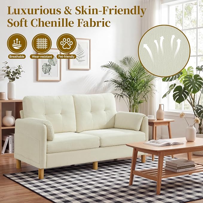65" Loveseat Sofa, Mid Century Loveseat Couch for Living Room with Storage Pockets, Upholstered Small Loveseat for Small Spaces, Bedroom, Home Office, Apartments, Small Sofa Chenille Beige