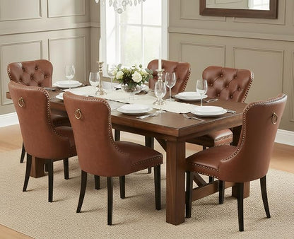 EALSON Modern Dining Chairs Set of 6 Mid Century Leather Dining Room Chairs with Wood Legs Tufted Upholstered Kitchen Side Chairs with Nail Head Trim for Dining Room/Living Room, Brown with Ring