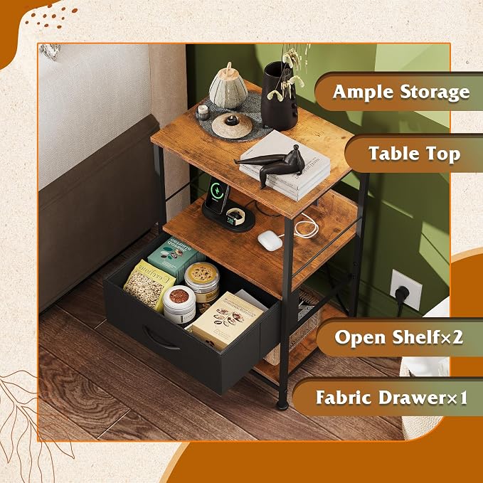 WLIVE Night Stand with Charging Station, LED Nightstand with Fabric Drawer and Open Shelf, Small Bedside Table for Bedroom, Dorm, Small Space, Black and Rustic Brown