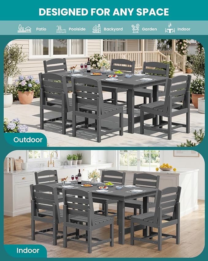 SERWALL Outdoor Dining Sets for 10 Person, HDPE Dining Set with 2 Tables, 8 Armless Chairs and 2 Armed Dining Chairs, Gray