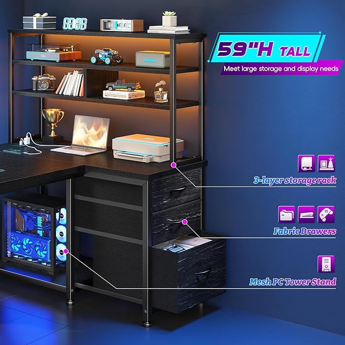 55''Gaming Desk L Shaped Desk with 3 Fabric Drawers & Shelves, Reversible Computer Desk with Remote LED Lights, Power Outlet and PC Stand of Home Office Desk for Bedroom,Dorm,Gaming Room,Black